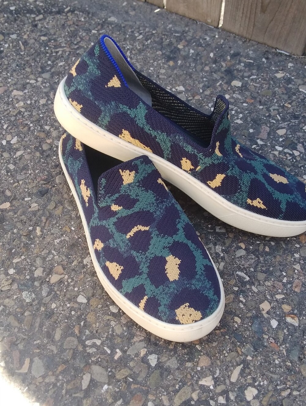 Rothy's Slip-On Mules in Teal, Navy and Gold Leopard